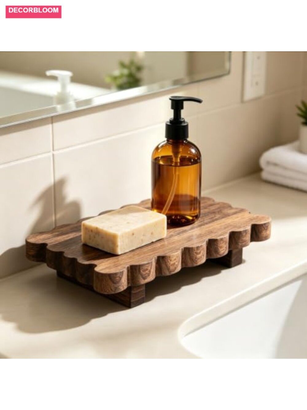 Scalloped Wood Riser Tray Farmhouse Bathroom Decorative Pedestal Stand Soap - Picture 3 of 6